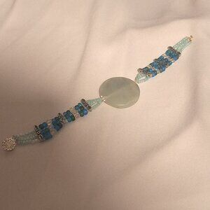 Artisan Beaded 3 Strand Green Blue Gemstone Frosted Glass and Crystal Bracelet